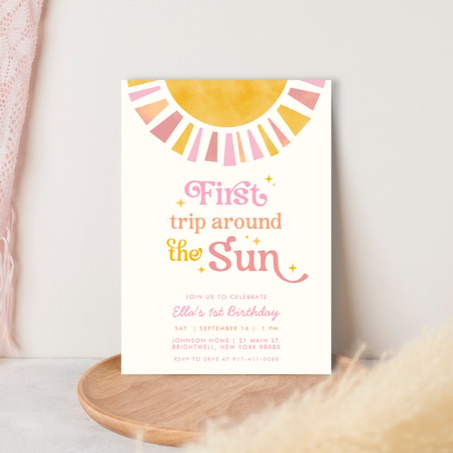 Första Resa runt Sol Boho Retro 1:a födelsedagen Inbjudningar (Skapare uppladdad)