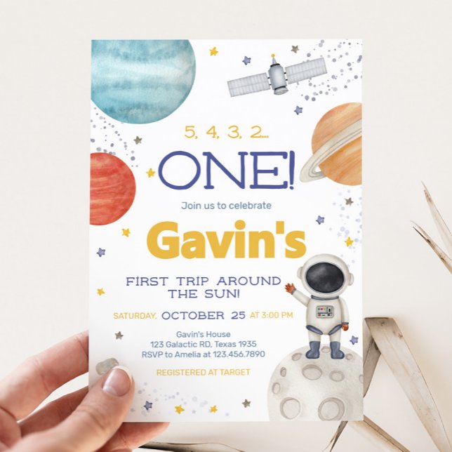Första Resa runt Sol-födelsedagen Inbjudningar (Astronaut First Trip Around the Sun Birthday Party Invitation)