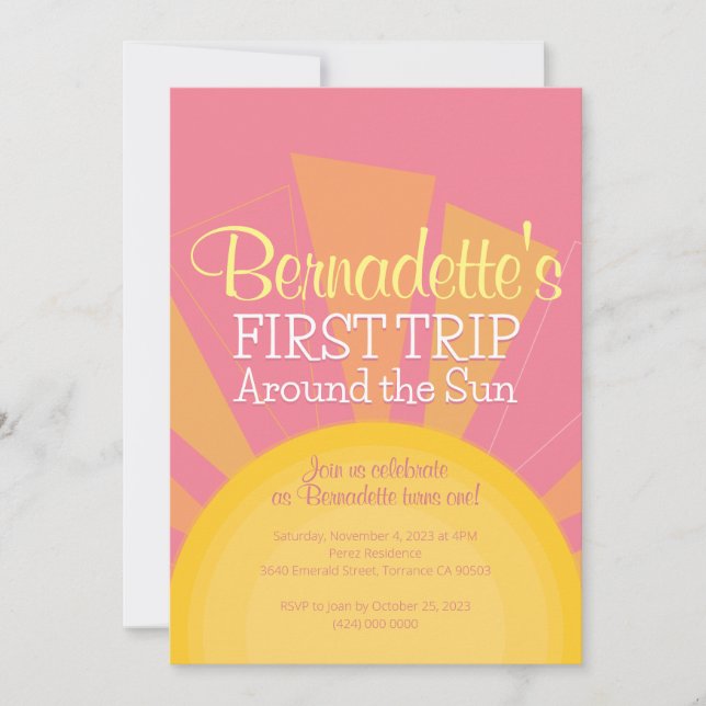 Första Resa runt Sol Födelsedagsfest Cute Rosa Inbjudningar (Framsida)