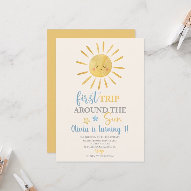 Första Resa runt Sol, första födelsedagen Party Inbjudningar (Fram/Back In Situ)