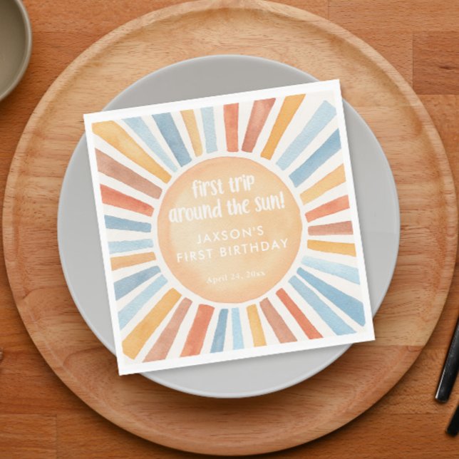 Första resa runt sol första födelsedagsfesten pappersservett (Skapare uppladdad)