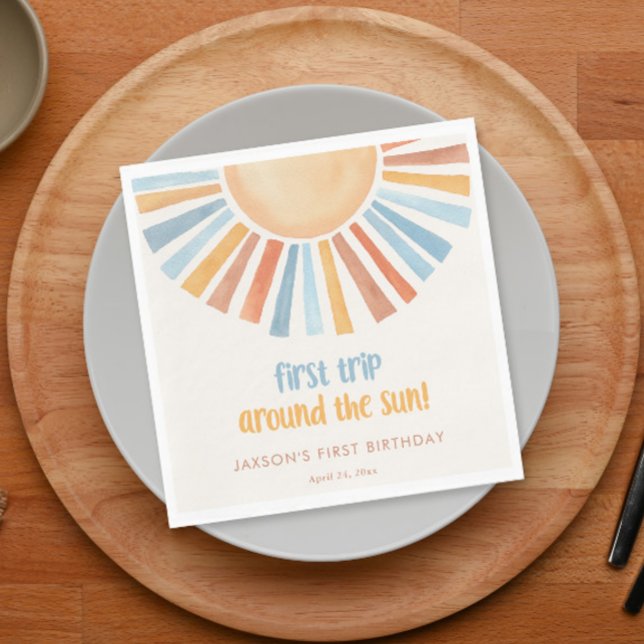 Första resa runt sol första födelsedagsfesten pappersservett (Skapare uppladdad)