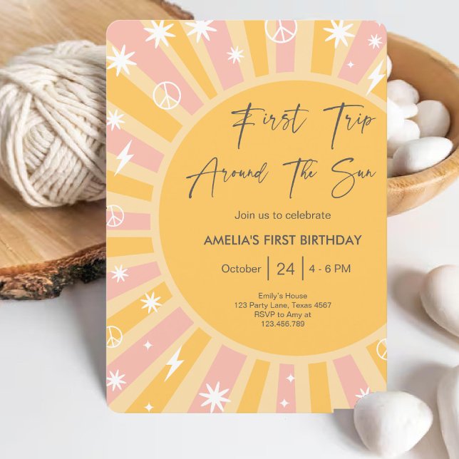 Första Resa runt Sol Groovy Boho 1:a födelsedagen Inbjudningar (First Trip around the Sun Groovy Boho 1st Birthday Invitation)