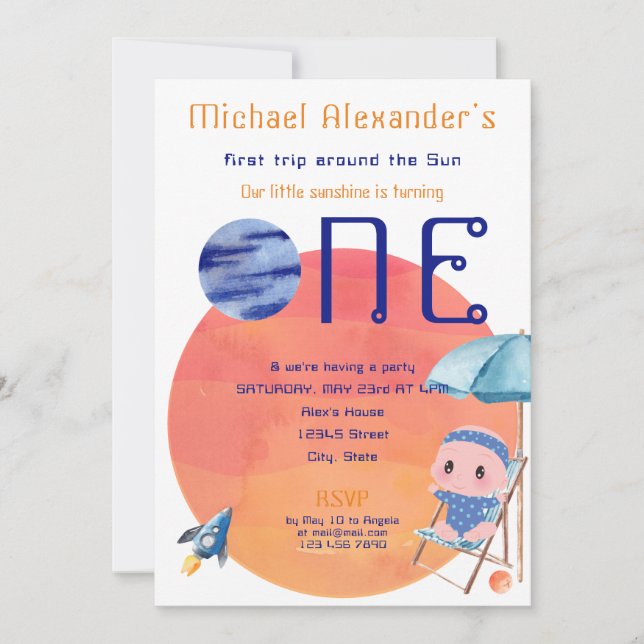 Första Resa runt Sol Pojke, första födelsemotofoto Inbjudningar (Framsida)