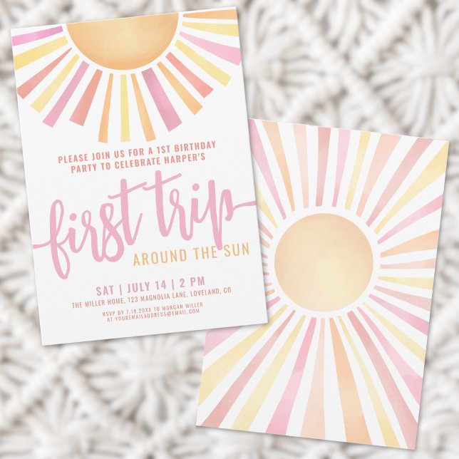 Första Resa runt Sol Rosa 1:a födelsedag Inbjudningar (First Trip Around The Sun Pink 1st Birthday Invitation)