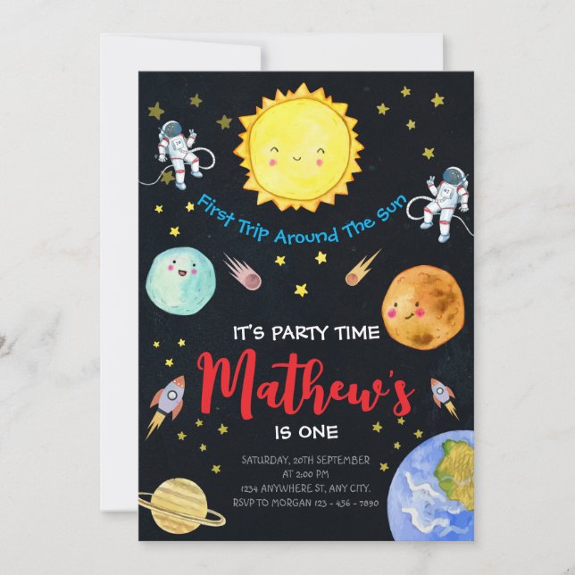 Första Resa runt Sol Rymden 1:a födelsedag Inbjudningar (Framsida)