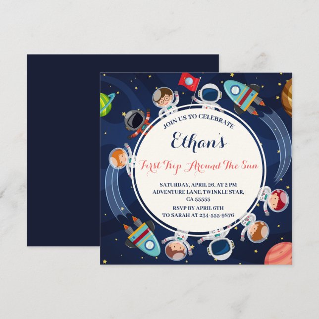 Första Resa runt Sol Rymden 1:a födelsedag Inbjudningar (Fram/baksida)