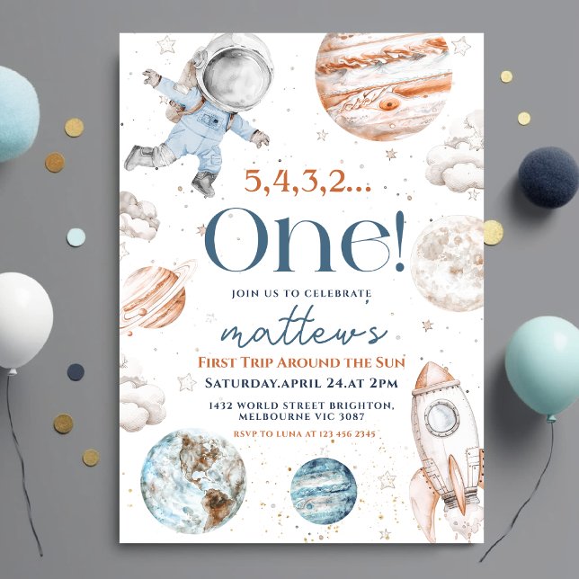 Första Resa runt Sol Rymden 1:a födelsedag Inbjudningar (Skapare uppladdad)