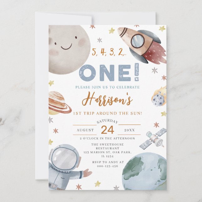 Första Resa runt Sol Rymden 1:a födelsedag Inbjudningar (Framsida)