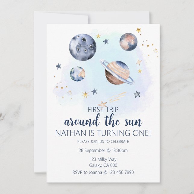 Första Resa runt Sol:s födelsedag Inbjudningar (Framsida)