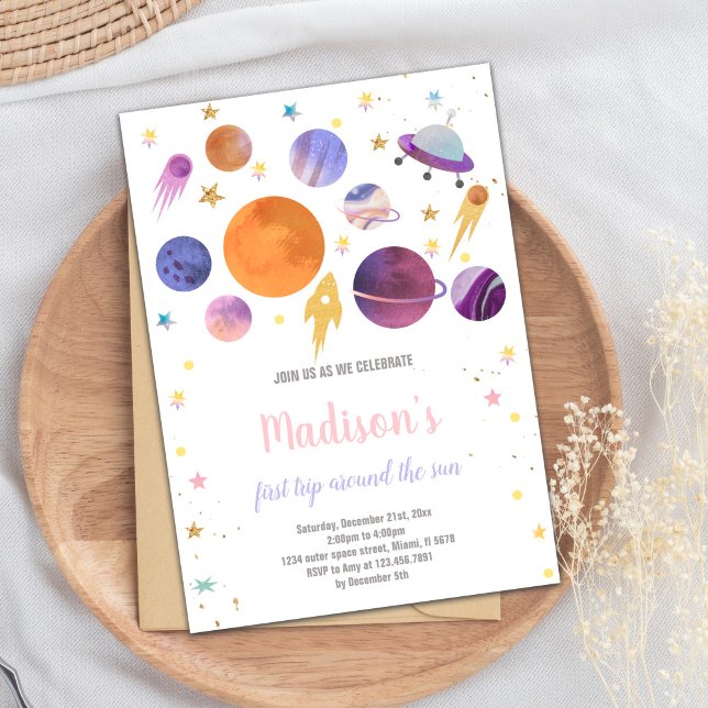Första Resa runt Sol:s födelsedag Inbjudningar (First Trip round the sun Birthday Invitations)
