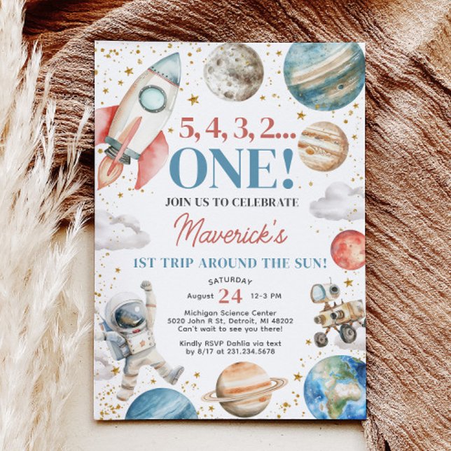 Första Resa runt Sol:s födelsedag Inbjudningar (First Trip Around the Sun Birthday Invitation - Boy 1st Birthday - Outer Space Birthday Party)
