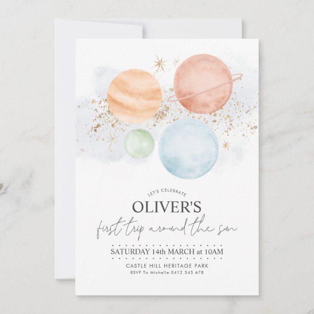 Första Resa runt Sol:s första födelsedag Inbjudningar (Framsida)