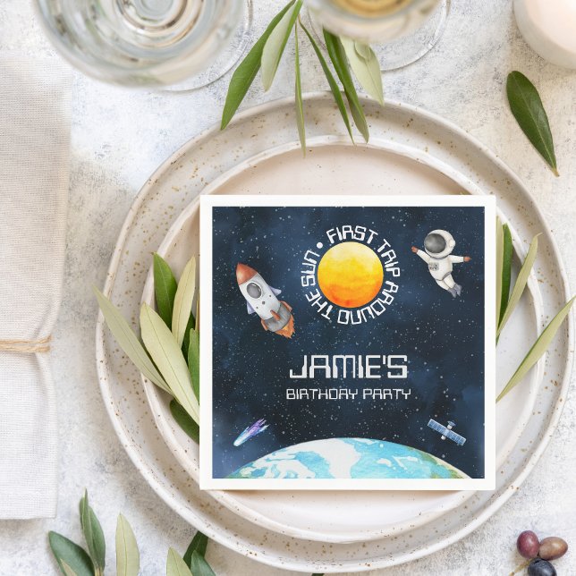 Första Resa runt Sol-temat 1:a födelsedag Pappersservett (First Trip Around The Sun Space Theme 1st Birthday Napkin)