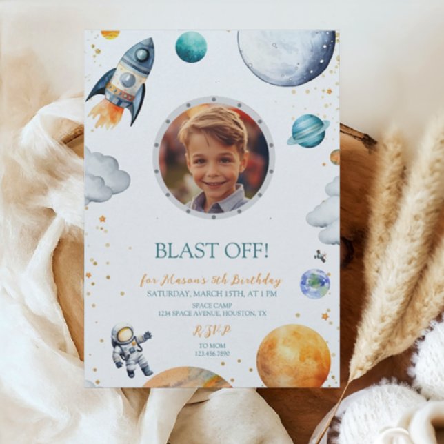 Första resan astronaut raket foto födelsedag inbjudningar (Skapare uppladdad)