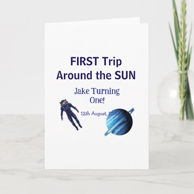 Första resan runt sol planet astronaut födelsedag kort (Framsida)