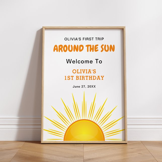 Första resan runt solen 1-års välkomstskylt  poster (First Trip Around the Sun 1st Birthday Welcome Sign )