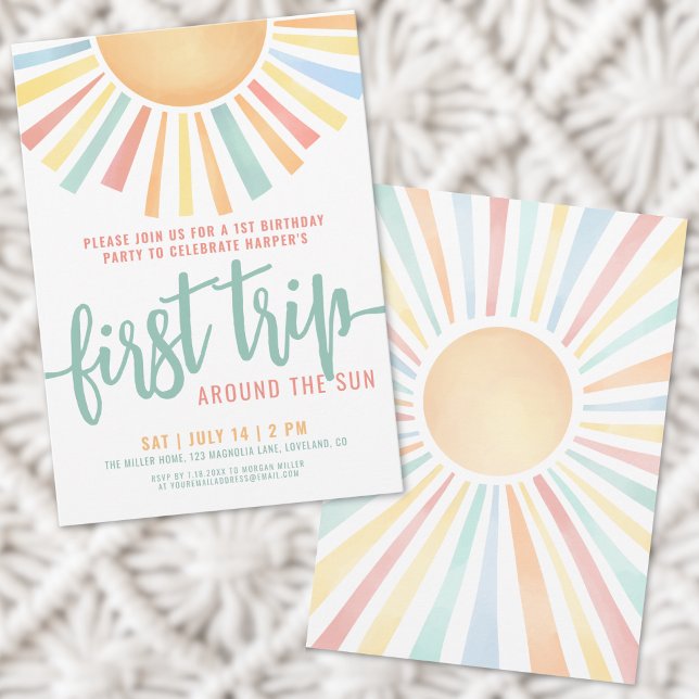 Första Resan Runt Solen 1-årsdag Inbjudningar (First Trip Around The Sun 1st Birthday Invitation)