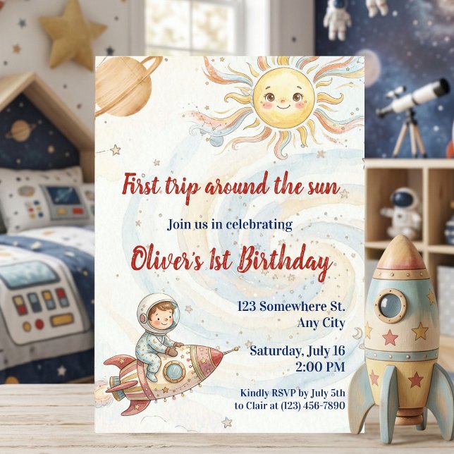 Första resan runt solen Astronaut 1-årsdag  Inbjudningar (First Trip Around the Sun Astronaut 1st Birthday Invitation)