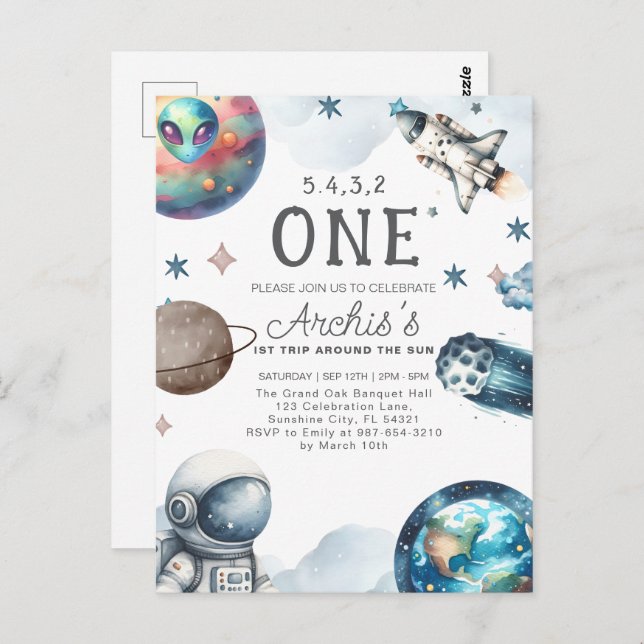 Första resan runt solen Astronaut födelsedag Vykort (Fram/baksida)