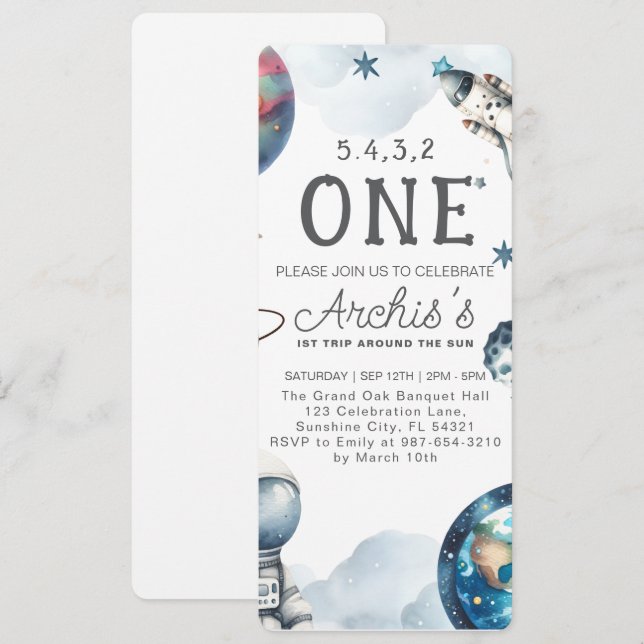 Första resan runt solen Astronautens födelsedag Inbjudningar (Fram/baksida)