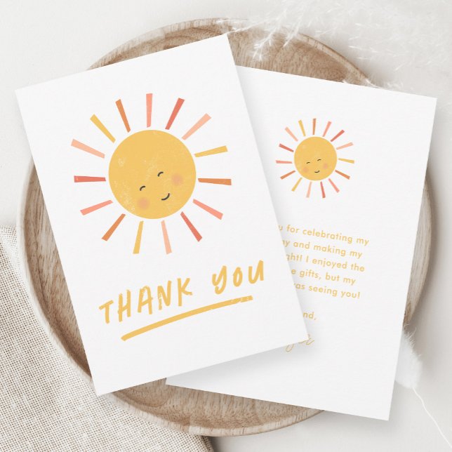 Första Resan Runt Solen Barnkalas  Tack Kort (Hand-drawn modern sun illustration kids birthday party thank you note card.)
