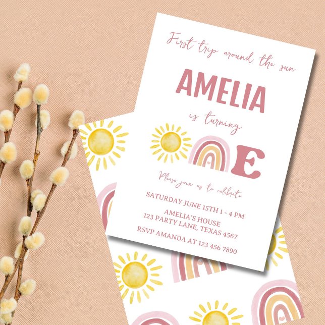 Första Resan Runt Solen Boho 1-årsfirande Inbjudningar (Boho first trip around the sun birthday invitation with pastel sun and rainbow design)
