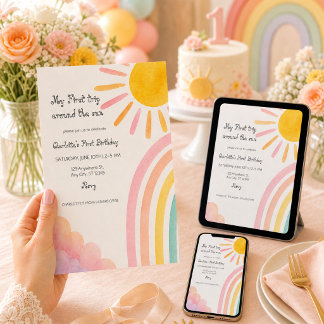 Första Resan Runt Solen Boho Regnbåge Bebis Inbjudningar