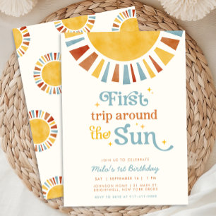 Första resan runt solen Boho Retro 1-årsdag Inbjudningar