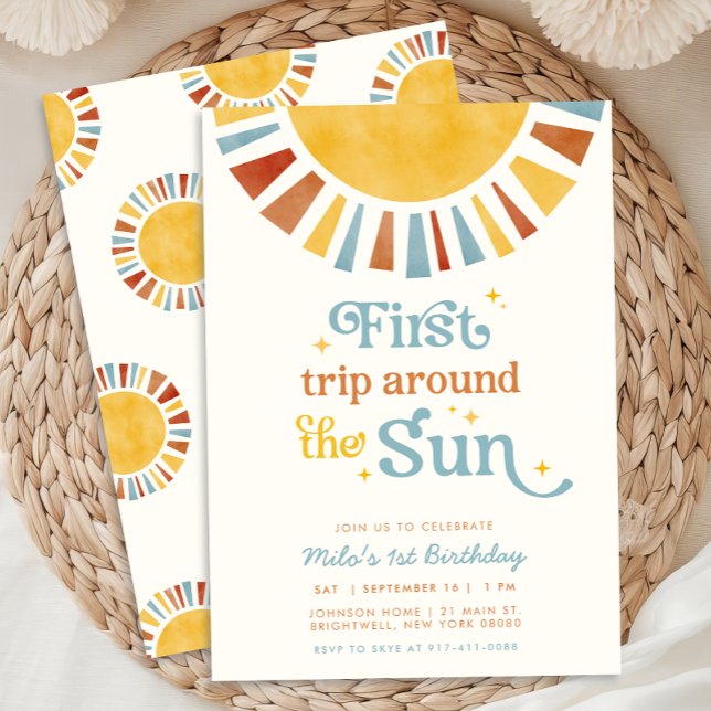 Första resan runt solen Boho Retro 1-årsdag Inbjudningar (Skapare uppladdad)