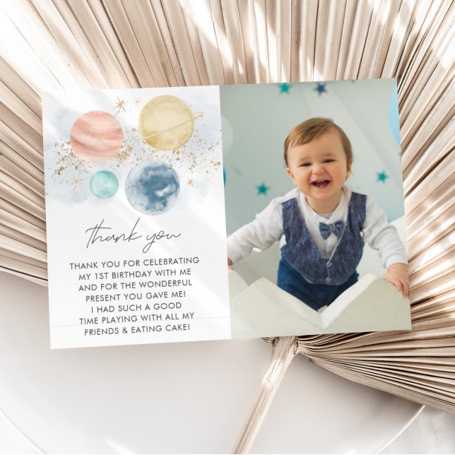 Första resan runt solen Pojkar 1-års födelsedagsfo Tack Kort (First Trip Around The Sun - Boy's Space Theme 1st Birthday Thank You Card with Photo)