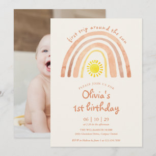 Första Resan Runt Solen Regnbåge Foto 1-årsdag Inbjudningar