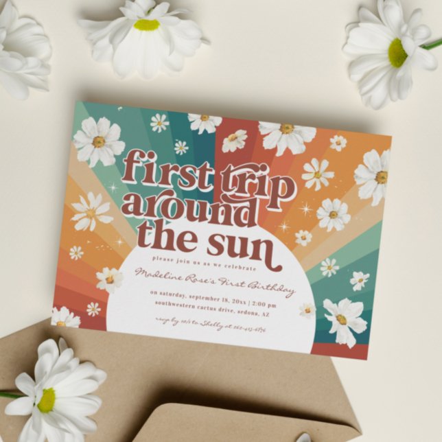 Första resan runt solen | Retro Daisyregnbåge Inbjudningar (Skapare uppladdad)