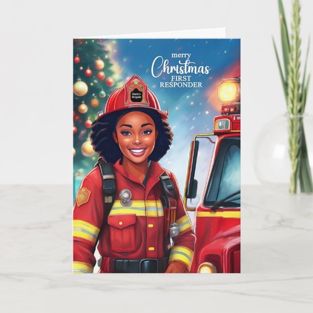 Första responder Black Female Firefighter jul Helgkort (Framsida)