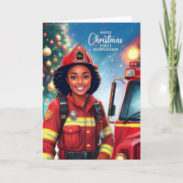 Första responder Black Female Firefighter jul Helgkort