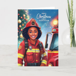 Första responder Black Female Firefighter jul Helgkort