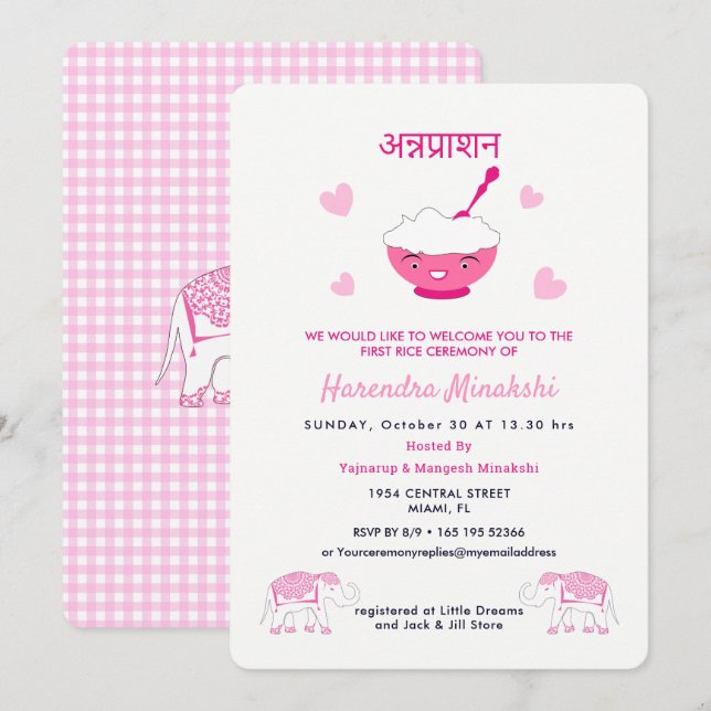 Första Riset Annaprashan Ceremony Inbjudningar (Fram/baksida)