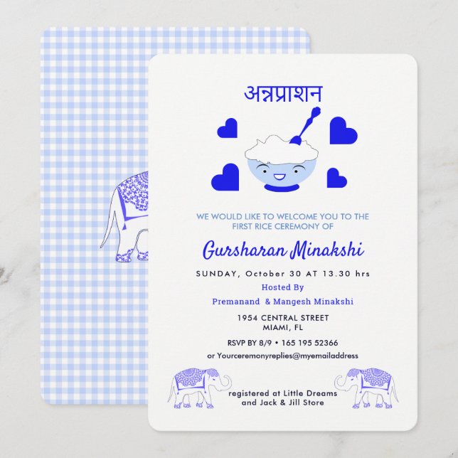 Första Riset Annaprashan Ceremony Inbjudningar (Fram/baksida)