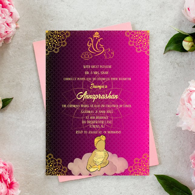 Första Riset "Annaprashan" Indiska Baby Image Rosa Inbjudningar (Skapare uppladdad)