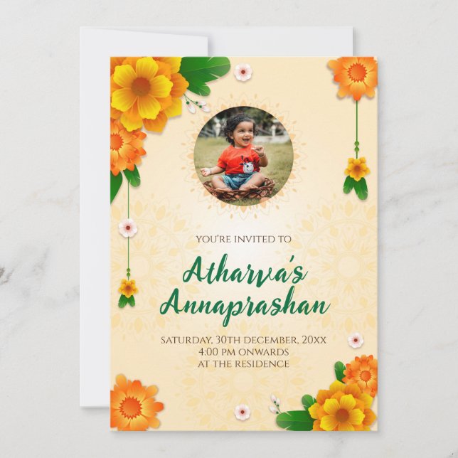 Första Riset matande ceremoni i inbjudan Annaprasa (Framsida)