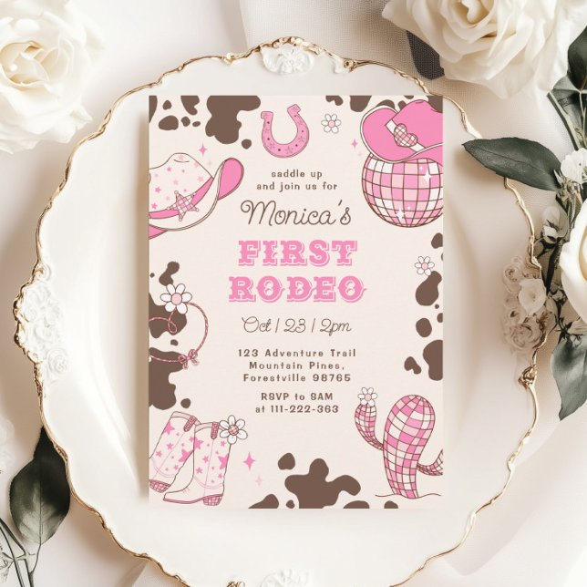 Första rodeo 1-års födelsedag vilda västern rosa f inbjudningar (Skapare uppladdad)