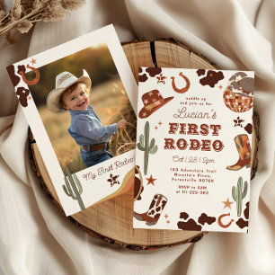 Första rodeo 1-års födelsedag Western cowboy foto Inbjudningar