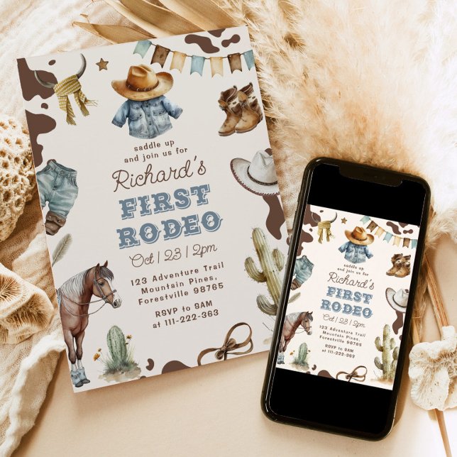 Första rodeo 1-årsdag Western cowboy Vild Inbjudningar (Skapare uppladdad)