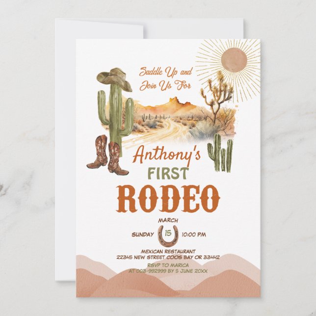 Första Rodeo Baby Shower Desert Cowboy Inbjudningar (Framsida)