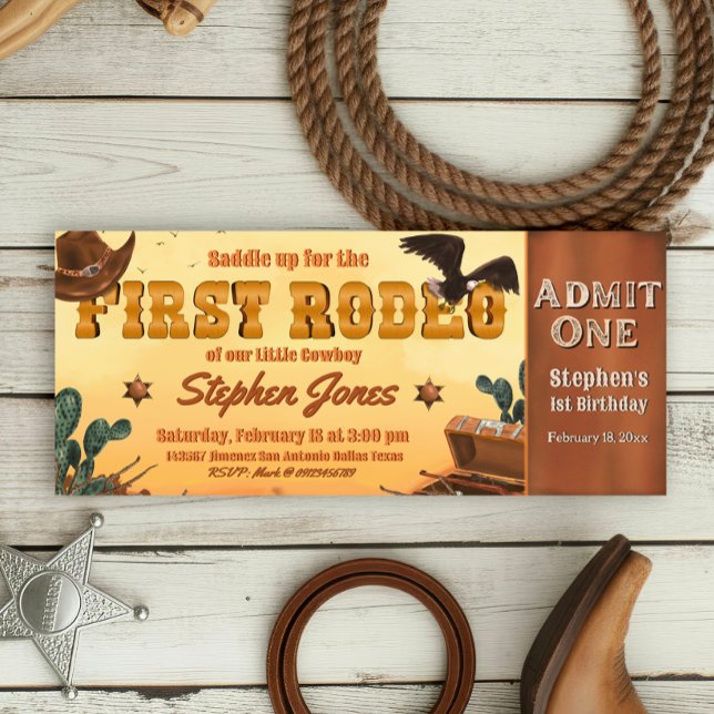 Första Rodeo Biljett  Inbjudningar (First Rodeo -  Boy 1st Birthday Cowboy Ticket Invitation)