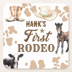 Första Rodeo Birthday Boy Western Underlägg Papper Kvadrat