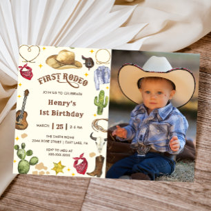 Första Rodeo Birthday Cowboy Birthday Photo Inbjudningar