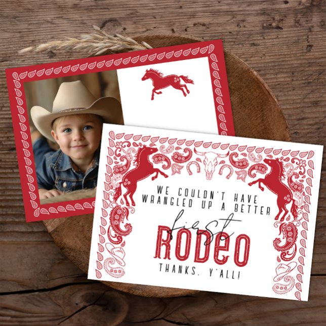 Första rodeo Birthday - tackkort - Western Cowb Tack Kort (Red 1st Rodeo Birthday Party Thank You Card)
