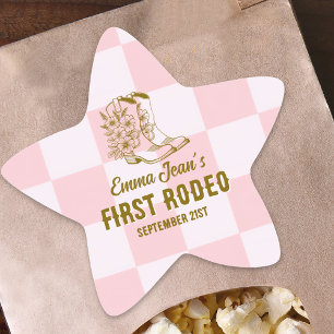 Första Rodeo Bruna Cowgirl Stövlar 1-årsdag Stjärnformat Klistermärke
