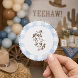 Första Rodeo Cowboy Blå Gingham Snygg Runt Klistermärke